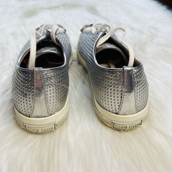 Miu Miu Silver Perforated Leather Crystal Toe Cap Sneakers - Picture 5 of 12
